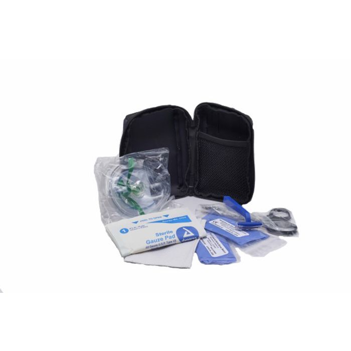 Powerheart AED Ready Kit. Kit includes Nitrile gloves (M/L), razor, scissors, paper towel (x 2), gauze and one-way filter CPR mask. Rugged pouch protects items in demanding environments.