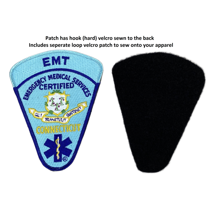 Connecticut Certified EMT Patch with PRE-ATTACHED hook velcro on back and  separate loop velcro patch - SAVELIVES