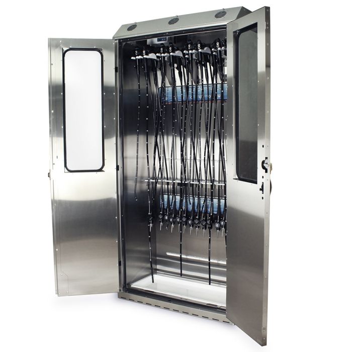 Sure-Dry Stainless Steel  44" Wide  Deep Scope Drying Cabinet, Capacity of 16 Scopes with extra spacing for ease of hanging and removing, Tempered Glass Double Doors,  Basic Electronic Pushbutton Lock with Key Lock Override, Factory Set User and Supe
