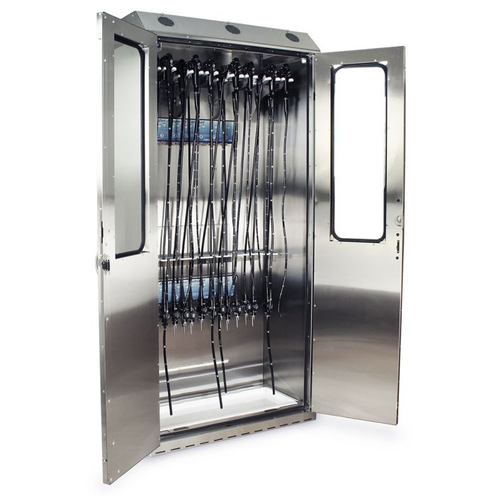 Sure-Dry Stainless Steel  44" Wide  Deep Scope Drying Cabinet, Capacity of 16 Scopes with extra spacing for ease of hanging and removing, Tempered Glass Double Doors,  Basic Electronic Pushbutton Lock with Key Lock Override, Factory Set User and Supe