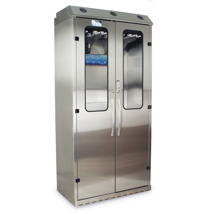 Sure-Dry Stainless Steel  44" Wide  Deep Scope Drying Cabinet, Capacity of 16 Scopes with extra spacing for ease of hanging and removing, Tempered Glass Double Doors,  Basic Electronic Pushbutton Lock with Key Lock Override, Factory Set User and Supe