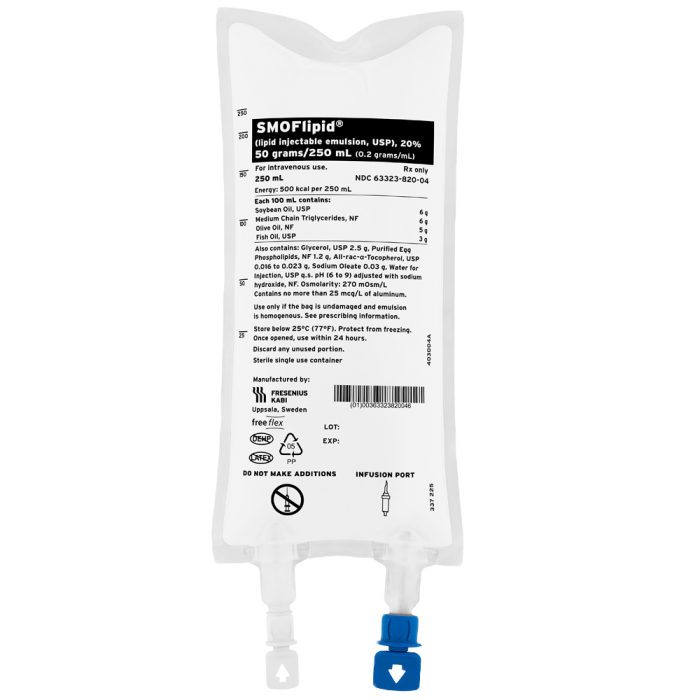Lipid Injectible Emulsion UPS SMOFlipid 20% 50 Grams 250ml Bag 10 per Case