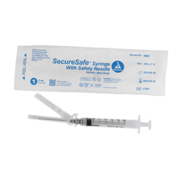 SecureSafe Syringe w/ Safety Needle - Luer Lock, 22G, 1.5" Needle, 3 cc, 8/100/cs
