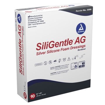 SiliGentleAG - Silver Silicone Bordered Foam Dressing, 6" x 6", 5/10/cs
