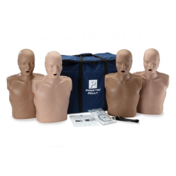 PRESTAN Professional Adult Jaw Thrust Diversity Kit CPR-AED Training Manikins 4-Pack (installed with Rate Monitor and Depth Clicker for CPR Feedback). Includes 50 Adult Face-Shield/Lung-Bags, an Instruction Sheet and Carry Bag. 