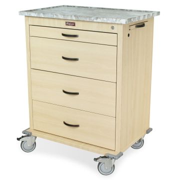 Wood Vinyl Coated Aluminum Cart, Skirted, Keylocking. 540 Card Capacity. American Natural Cabinet Finish with Brown Granite Top.  Includes Painted Interior Drawers, Pull-Out  Shelf, Adjustable Punch Card Row Dividers and Internal Locking Narcotics Bo