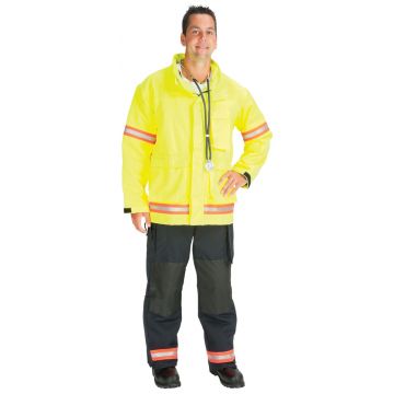 Tecasafe Plus EMS Jacket High Viz Yellow with Orange Tripple Trim Reflective Striping.   On top of the rear of the coat in 3 inch Orange letters OLEMS.