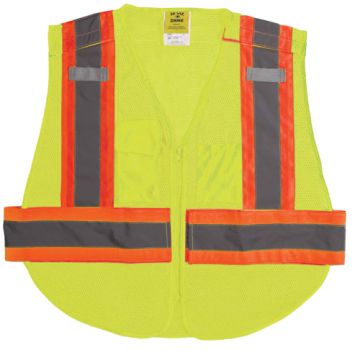 The 5 Point Breakaway Mesh Vest in Fluor Yellow With Silver/Grey Refl Tape Bordered by Fluor Orange Stripes