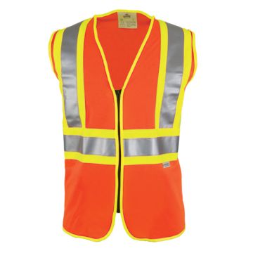 The D.O.T. 100% Polyester Woven Fabric Vest in Fluor Orange With Silver/Grey Refl Tape Bordered by 1" Fluor Yellow Stripes