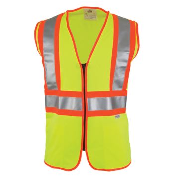 The D.O.T. 100% Polyester Woven Fabric Vest in Fluor Yellow With Silver/Grey Refl Tape Bordered by 1" Fluor Orange Stripes