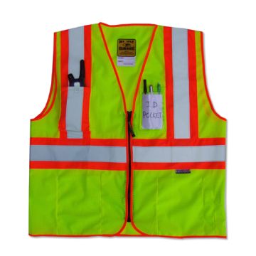 The D.O.T. Mesh Vest with Pockets in Fluor Yellow With Silver/Grey Refl Tape Bordered by 1" Fluor Orange Stripes