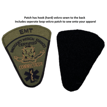 Connecticut Certified Subdued EMT Patch with PRE-ATTACHED hook velcro on back and separate loop velcro patch 