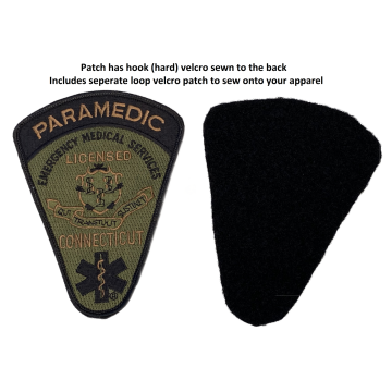 Connecticut Licensed Subdued Paramedic Patch with PRE-ATTACHED hook velcro on back and separate loop velcro patch 